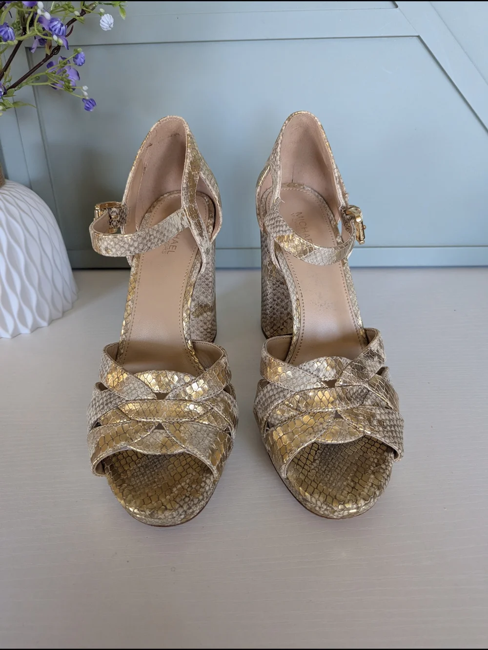 Michael Kors Gold Snakeskin Block Heel Sandals with Ankle Strap